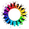 Illustration silhouettes party dance colorful group of jumping people dancing. Jazz funk, hip-hop, house dance. Dancer man on whit