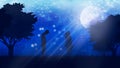 Illustration with silhouettes of people and nature, against the background of a night starry blue sky and a bright moon Royalty Free Stock Photo