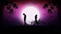 Illustration with silhouettes of people and nature, against the background of a purple starry sky and a big moon. Royalty Free Stock Photo