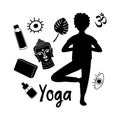 Illustration of silhouettes of yoga elements with a man