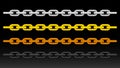 Silver chain, gold chain, copper metal chain and black steel chains isolated on black background Royalty Free Stock Photo