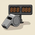 Illustration of a silver referee whistle placed in front of a digital scoreboard. The Royalty Free Stock Photo
