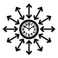 Simple icon, black on white background, clock with arrows around it. Royalty Free Stock Photo