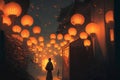 Illustration of a single girl around hanging Chinese lanterns. Chinese New Year celebrations