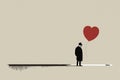 Illustration of a single man alone with a big heart.Valentine`s day card. ai generated