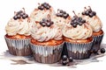 An illustration of six brown cupcakes in blue liners with whipped cream and purple currants berry decorations on a white