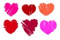 Illustration of six different handwritten hearts