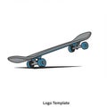 Illustration of a skateboard tilted in the air, featuring a gray deck and blue wheels. The Royalty Free Stock Photo