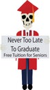 Illustration Skeleton in Graducation Cap and Gown with Sign