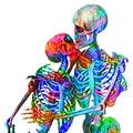 Skeletons of man and woman in the pose of lovers in multicolored abstract style illustration Isolated on white