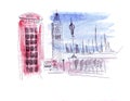 Illustration sketch attraction of the capital of England London: Double-decker bus, prison tower Clock Tower, red phone booth