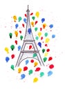 Illustration sketch of the famous symbol of Paris Eiffel Tower, in a spray of fireworks, colored balloons and drops watercolor Royalty Free Stock Photo