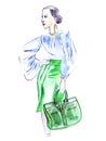 Illustration sketch of female elegant in tight blue blouse and a kirt and a big green bags