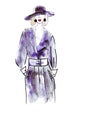 Illustration sketch female in a long purple dress with a belt and a hat with a flower Royalty Free Stock Photo