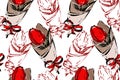 Illustration of sketch hand drawn pattern with bouquet of colorful red peony, tulip and rose flowers. Floral background