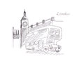 Illustration sketch landmarks of London: Big Ben, double decker bus, prison tower wall