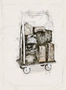 Sketch of a luxury hotel baggage cart and luggage