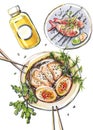 Illustration sketch markers asian food cuisine japanese soup fobo ramen noodles and shrimp lemonade mango menu flatlay on white