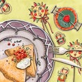 Illustration sketch with markers national cuisine colorful slavic culture pancakes caviar spring autumn holiday set table dishes