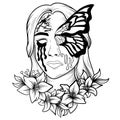 illustration sketch monochrome art butterfly girl skull with flower tattoo and t-shirt design