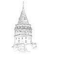 Illustration sketch with the silhouette of the Galata tower in Istanbul. Isolated black contour on a white background. Royalty Free Stock Photo
