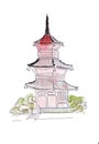 Illustration sketching Chinese ancient carved temples with carved tiered sloping roofs
