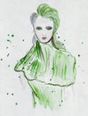 Illustration sketching expressive fashion girl portrait painted in watercolor with some splashes Royalty Free Stock Photo