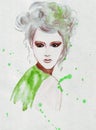 Illustration sketching expressive fashion girl portrait painted in watercolor with some splashes Royalty Free Stock Photo