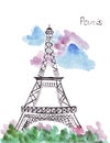 Illustration sketching landmark Paris Eiffel tower and color flowers in front of her