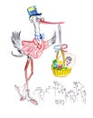 Illustration sketching stylishly dressed stork holding a baby in a basket on the background