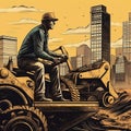 Construction Worker Operating Bulldozer with City Skyline