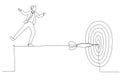 Illustration of skillful businessman acrobat walk on rope to reach bullseye dart target. Metaphor fro challenge to overcome