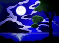 Illustration Of Sky And Cloud ,With Moon And River, Night Scene On Landscapes Background.