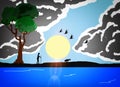 Illustration Of Sky And Clouds With Sun And Lake Water, A Silhouette Man And Goat, On Landscapes Background.