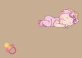 Illustration of sleeping baby girl and pink dummy on beige background with copy space in middle Royalty Free Stock Photo