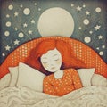 Illustration of a sleeping cute girl. Sleeping girl with red hair in orange pajamas in the bed Royalty Free Stock Photo