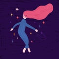 Illustration sleeping girl fly in space. Children`s Print in doodle style with star and cute character astronauts woman