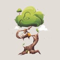 Illustration of a sleeping panda on a large tree with a green crown. Royalty Free Stock Photo