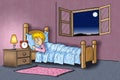 illustration of sleepless man lying in his bed and can not fall asleep Royalty Free Stock Photo