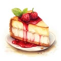 Illustration of a slice of cheesecake with raspberries and mint. Watercolor illustration