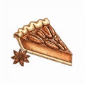 Illustration of a Slice of Pecan Pie with Star Anise on White Background Royalty Free Stock Photo