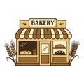 Illustration of a small bakery storefront. Features a brown and beige awning with a Royalty Free Stock Photo