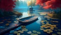 An Illustration of small boat at the dock in a misty autumn morning typical Japanese style garden , AI-generated image Royalty Free Stock Photo