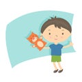 Illustration small boy with hand puppet . Vector