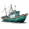 An illustration of a small fishing boat isolated on white background.