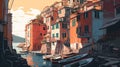 Illustration of the small fishing village of Riomaggiore, Cinque Terre, Italy Royalty Free Stock Photo