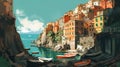 Illustration of the small fishing village of Riomaggiore, Cinque Terre, Italy Royalty Free Stock Photo