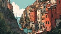 Illustration of the small fishing village of Riomaggiore, Cinque Terre, Italy Royalty Free Stock Photo