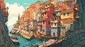 Illustration of the small fishing village of Riomaggiore, Cinque Terre, Italy Royalty Free Stock Photo