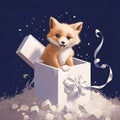 Illustration of a small fox in a white box with a bow, navy blue background. Gifts as a day symbol of present and Royalty Free Stock Photo